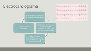 Electrocardiograma
Buscar signos sugestivos
de lesión coronaria aguda:
Evaluar las alteraciones
del segmento ST o
aparición de onda Q en
las fases más avanzadas
La presencia de
hipertrofia ventricular o
auricular también sugiere
etiología cardiaca
La identificación de
arritmias
 