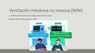 Ventilación mecánica no invasiva (IMNI)
1.- Disminución tanto la pre-carga como la post-carga
Taquea>25/min de saturación -90%
Misma presión de aire al
inspirar y espirar
Diferentes niveles de
presión de aire al +inspirar
y -espirar
 