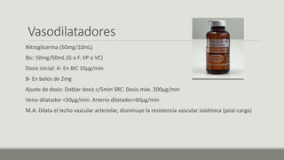 Vasodilatadores
Nitroglicerina (50mg/10mL)
Bic: 50mg/50mL (G o F. VP o VC)
Dosis inicial: A- En BIC 10µg/min
B- En bolos de 2mg
Ajuste de dosis: Doblar dosis c/5min SRC. Dosis máx. 200µg/min
Veno-dilatador <50µg/min. Arterio-dilatador>60µg/min
M.A: Dilata el lecho vascular arteriolar, disminuye la resistencia vascular sistémica (post-carga)
 
