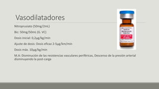 Vasodilatadores
Nitroprusiato (50mg/2mL)
Bic: 50mg/50mL (G. VC)
Dosis inicial: 0,2µg/kg/min
Ajuste de dosis: Dosis eficaz 2-5µg/km/min
Dosis máx. 10µg/kg/min
M.A: Disminución de las resistencias vasculares periféricas, Descenso de la presión arterial
disminuyendo la post-carga
 