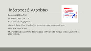 Inótropos β-Agonistas
Dopamina (200mg/5mL)
Bic: 400mg/50mL (G o F. VC)
Dosis inicial: 5-10µg/kg/min
Ajuste de dosis: Sobre 10µg/km/min predomina efecto a vasoconstrictor.
Dosis máx. 15µg/kg/min
M.A: Vasodilatación, aumento de la fuerza de contracción del músculo cardiaco, aumento de
gasto cardiaco.
 