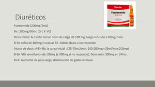 Diuréticos
Furosemida (200mg/2mL)
Bic: 200mg/50mL (G o F. VC)
Dosis inicial: A- En Bic iniciar dosis de carga de 100 mg, luego infusión a 10mg/hora
B-En bolos de 400mg y evaluar SR. Doblar dosis si no responde
Ajuste de dosis: A-En Bic la carga inicial : (25-75mL/min: 100-200mg;<25ml/min:200mg)
B-En falla renal bolos de 100mg (y 200mg si no responde). Dosis máx. 200mg en 24hrs.
M.A: Aumento de post-carga, disminución de gasto cardiaco
 