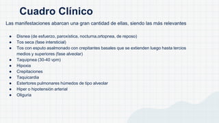 Las manifestaciones abarcan una gran cantidad de ellas, siendo las más relevantes
● Disnea (de esfuerzo, paroxística, nocturna,ortopnea, de reposo)
● Tos seca (fase intersticial)
● Tos con esputo asalmonado con crepitantes basales que se extienden luego hasta tercios
medios y superiores (fase alveolar)
● Taquipnea (30-40 vpm)
● Hipoxia
● Crepitaciones
● Taquicardia
● Estertores pulmonares húmedos de tipo alveolar
● Hiper o hipotensión arterial
● Oliguria
Cuadro Clínico
 