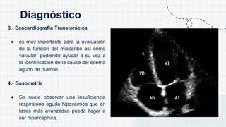 3.- Ecocardiografia Transtorácica
● es muy importante para la evaluación
de la función del miocardio así como
valvular, pudiendo ayudar a su vez a
la identificación de la causa del edema
agudo de pulmón
4.- Gasometría
● Se suele observar una insuficiencia
respiratoria aguda hipoxémica que en
fases más avanzadas puede llegar a
ser hipercápnica.
Diagnóstico
 