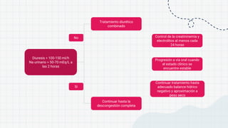 Diuresis > 100-150 ml/h
Na urinario > 50-70 mEq/L a
las 2 horas
Tratamiento diurético
combinado
Continuar hasta la
descongestión completa
No
Si
Control de la creatininemia y
electrolitos al menos cada
24 horas
Progresión a vía oral cuando
el estado clínico se
encuentre estable
Continuar tratamiento hasta
adecuado balance hídrico
negativo y aproximación a
peso seco
 