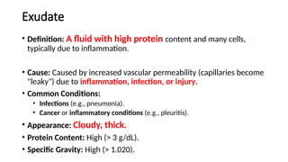 Exudate
• Definition: A fluid with high protein content and many cells,
typically due to inflammation.
• Cause: Caused by increased vascular permeability (capillaries become
"leaky") due to inflammation, infection, or injury.
• Common Conditions:
• Infections (e.g., pneumonia).
• Cancer or inflammatory conditions (e.g., pleuritis).
• Appearance: Cloudy, thick.
• Protein Content: High (> 3 g/dL).
• Specific Gravity: High (> 1.020).
 