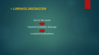  LYMPHATIC OBSTRUCTION
Due to the cause
Impaired lymphatic drainage
Localised lymphedema
 