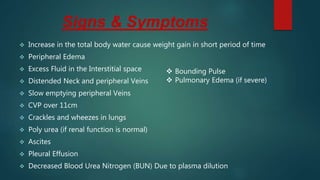 Signs & Symptoms
 Increase in the total body water cause weight gain in short period of time
 Peripheral Edema
 Excess Fluid in the Interstitial space
 Distended Neck and peripheral Veins
 Slow emptying peripheral Veins
 CVP over 11cm
 Crackles and wheezes in lungs
 Poly urea (if renal function is normal)
 Ascites
 Pleural Effusion
 Decreased Blood Urea Nitrogen (BUN) Due to plasma dilution
 Bounding Pulse
 Pulmonary Edema (if severe)
 