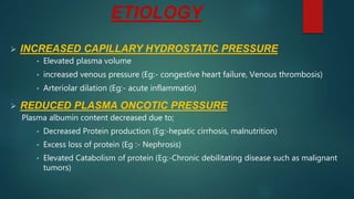 ETIOLOGY
 INCREASED CAPILLARY HYDROSTATIC PRESSURE
• Elevated plasma volume
• increased venous pressure (Eg:- congestive heart failure, Venous thrombosis)
• Arteriolar dilation (Eg:- acute inflammatio)
 REDUCED PLASMA ONCOTIC PRESSURE
Plasma albumin content decreased due to;
• Decreased Protein production (Eg:-hepatic cirrhosis, malnutrition)
• Excess loss of protein (Eg :- Nephrosis)
• Elevated Catabolism of protein (Eg:-Chronic debilitating disease such as malignant
tumors)
 