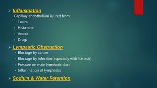  Inflammation
Capillary endothelium injured from;
• Toxins
• Histamine
• Anoxia
• Drugs
 Lymphatic Obstruction
• Blockage by cancer
• Blockage by infection (especially with filariasis)
• Pressure on main lymphatic duct
• Inflammation of lymphatics
 Sodium & Water Retention
 