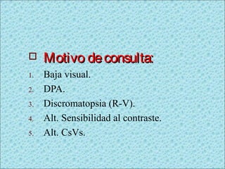     Motivo de consulta:
1.   Baja visual.
2.   DPA.
3.   Discromatopsia (R-V).
4.   Alt. Sensibilidad al contraste.
5.   Alt. CsVs.
 