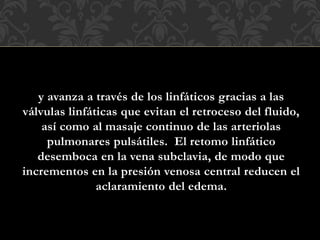 y avanza a través de los linfáticos gracias a las
válvulas linfáticas que evitan el retroceso del fluido,
así como al masaje continuo de las arteriolas
pulmonares pulsátiles. El retomo linfático
desemboca en la vena subclavia, de modo que
incrementos en la presión venosa central reducen el
aclaramiento del edema.
 