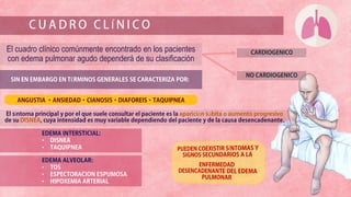 Í
El cuadro clínico comúnmente encontrado en los pacientes
con edema pulmonar agudo dependerá de su clasificación
É
í ó ú
•
•
•
•
•
 