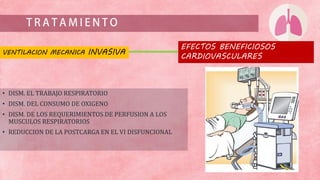 VENTILACION MECANICA INVASIVA
EFECTOS BENEFICIOSOS
CARDIOVASCULARES
• DISM. EL TRABAJO RESPIRATORIO
• DISM. DEL CONSUMO DE OXIGENO
• DISM. DE LOS REQUERIMIENTOS DE PERFUSION A LOS
MUSCULOS RESPIRATORIOS
• REDUCCION DE LA POSTCARGA EN EL VI DISFUNCIONAL
 