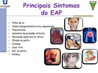 Principais SintomasPrincipais Sintomas
do EAPdo EAP
 Falta de ar
 Tosse (sanguinolenta e/ou espumosa);
 Taquicardia;
 Aumento da pressão arterial;
 Opressão (aperto) no tórax;
 Chiado no peito;
 Cianose
 Suor frio;
 Dor no peito;
 Palidez.
 