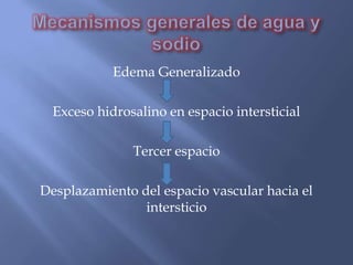 Edema Generalizado

  Exceso hidrosalino en espacio intersticial

               Tercer espacio

Desplazamiento del espacio vascular hacia el
                intersticio
 