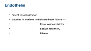 Endothelin
• Potent vasoconstrictor
• Elevated in Patients with severe heart failure —>
• Renal vasoconstrictor
• Sodium retention,
• Edema
 