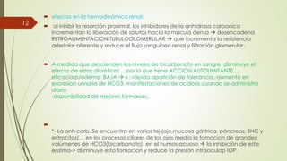  efectos en la hemodinámica renal:
 al inhibir la resorción proximal, los inhibidores de la anhidrasa carbonica
incrementan la liberación de solutos hacia la macula densa  desencadena
RETROALIMENTACION TUBULOGLOMERULAR  que incrementa la resistencia
arteriolar aferente y reduce el flujo sanguíneo renal y filtración glomerular.
 A medida que descienden los niveles de bicarbonato en sangre, disminuye el
efecto de estos diuréticos… por lo que tiene ACCION AUTOLIMITANTE…
eficacia p/edema: BAJA  x :-rápida aparición de tolerancia,-aumento en
excresion urinaria de HCO3,-manifestaciones de acidosis cuando se administra
diario
-disponibilidad de mejores fármacos,.

*- La anh.carb. Se encuentra en varios tej (ojo,mucosa gástrica, páncreas, SNC y
eritrocitos)… en los procesos ciliares de los ojos media la fomacion de grandes
volúmenes de HCO3(bicarbonato) en el humos acuoso  la inhibición de esta
enzima-> disminuye esta fomacion y reduce la presión intraoculap IOP.
12
 