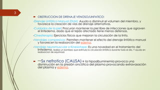  OBSTRUCCION DE DRENAJE VENOSO/LINFATICO:
-Drenaje Linfático Manual (DLM): Ayuda a disminuir el volumen del miembro, y
favorece la creación de vías de drenaje alternativas.
-Cuidados de la piel: Procuran mantener la piel libre de infecciones que agraven
el linfedema, dado que el tejido afectado tiene menos defensas.
-Cinesiterapia: Ejercicios físicos que mejoran la circulación de la linfa.
-Vendajes compresivos: Permiten mantener el efecto del drenaje linfático manual
y favorecen la reabsorción del edema.
-Vendaje neuromuscular o Kinesiotape: Es una novedad en el tratamiento del
linfedema. realiza un bombeo que estimula la circulación linfática durante todo el día. Y ayuda en
reabsorcion de equimosis
 ***Sx nefrotico (CAUSA) la hipoalbuminemia provoca una
disminución en la presión oncótica del plasma provocando extravasación
del plasma y edema.
3
 