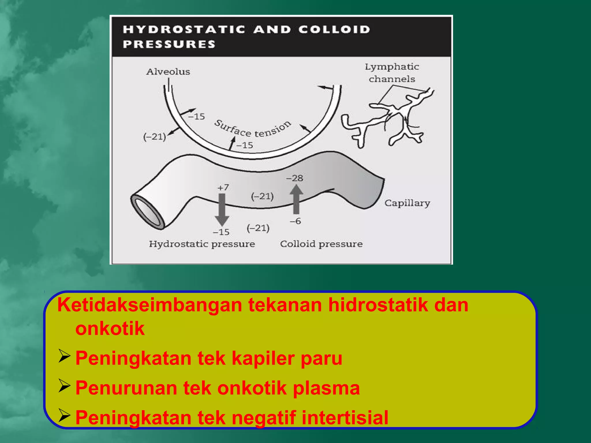 Ketidakseimbangan tekanan hidrostatik dan
  onkotik
 Peningkatan tek kapiler paru
 Penurunan tek onkotik plasma
 Peningkatan tek negatif intertisial
 