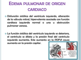 EDEMA PULMONAR DE ORIGEN
CARDIACO
 Disfunción sistólica del ventrículo izquierdo, alteración
de la válvula mitral, hipervolemia asociada con función
cardiaca izquierda normal o una u obstrucción
pulmonar venosa.
 La función sistólica del ventrículo izquierdo se deteriora,
el ventrículo se dilata y la presión final del ventrículo
izquierdo aumenta. Este aumento en la PDFVI causa
aumento en la presión capilar.
 