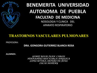 BENEMERITA UNIVERSIDAD
AUTONOMA DE PUEBLA
FACULTAD DE MEDICINA
NOSOLOGIA Y CLINICA DEL
APARATO RESPIRATORIO

TRASTORNOS VASCULARES PULMONARES
PROFESORA:

DRA. GONGORA GUTIERREZ BLANCA ROSA
ALUMNOS:

GOMEZ ROSAS JUAN CARLOS
HERNANDEZ RIOS KARLA ANGELICA
LOPEZ RIVERA ARTURO DE JESUS
LUCAS NOHEMY

 