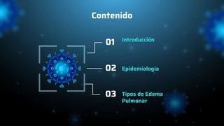 Contenido
Introducción
Epidemiología
Tipos de Edema
Pulmonar
01
02
03
 