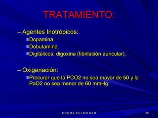 TRATAMIENTO: Agentes Inotrópicos: Dopamina. Dobutamina. Digitálicos: digoxina (fibrilación auricular). Oxigenación: Procurar que la PCO2 no sea mayor de 50 y la PaO2 no sea menor de 60 mmHg. E D E M A  P U L M O N A R 