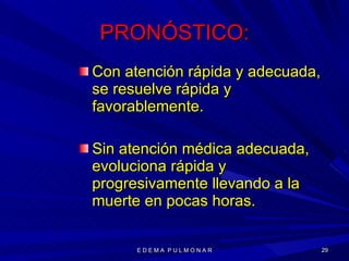 PRONÓSTICO: Con atención rápida y adecuada, se resuelve rápida y favorablemente. Sin atención médica adecuada, evoluciona rápida y progresivamente llevando a la muerte en pocas horas. E D E M A  P U L M O N A R 