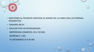 • MANTENER AL PACIENTE SENTADO AL BORDE DE LA CAMA CON LAS PIERNAS
PENDIENTES
• “SANGRÍA SECA”
• APLICAR POR VÍA INTRAVENOSA:
MEPERIDINA (DEMEROL 50 A 100 MG)
MORFINA 0.1 MG
FLUROSEMIDE 20 A 60 MG
1
 