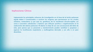 Implicaciones Clínicas
Lógicamente los principales esfuerzos de investigación en el área de la lesión pulmonar
aguda deben ir encaminados a resolver los enigmas que permanecen en los niveles
celulares, moleculares (y por qué no, genéticos) de la membrana alveolo-capilar, así
como a encontrar substancias o factores que influyan positiva o negativamente en la
reabsorción del edema pulmonar. El edema no deja de ser una consecuencia del daño de
ésta, pero parece que su presencia y mantenimiento pueden contribuir a perpetuar y
agravar la insuficiencia respiratoria y multiorgánica derivada y con ello a un peor
desenlace.
 