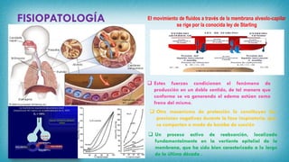FISIOPATOLOGÍA El movimiento de fluidos a través de la membrana alveolo-capilar
se rige por la conocida ley de Starling
 Estas fuerzas condicionan el fenómeno de
producción en un doble sentido, de tal manera que
conforme se va generando el edema actúan como
freno del mismo.
 Otro mecanismo de protección lo constituyen las
presiones negativas durante la fase inspiratoria, que
se comportan a modo de bomba de succión
 Un proceso activo de reabsorción, localizado
fundamentalmente en la vertiente epitelial de la
membrana, que ha sido bien caracterizado a lo largo
de la última década .
 