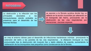 La obstrucción y la infección son los
principales asociados a las
bronquiectasias siendo probable su
presencia para el desarrollo de las
lesiones floridas
se crea el entorno idóneo para el desarrollo de infecciones bacterianas crónicas provocando la
extensión del daño a las paredes de las vías respiratorias , la dilatación bronquial es mas
pronunciada tras la destrucción del musculo liso y tejido elástico de soporte, aumentando la
obliteración de los bronquiolos mas pequeños como consecuencia de la fibrosis.
se asocian a la fibrosis quística donde hay un
defecto en la acción mucociliar por alteración en
el transporte del hierro, provocando así la
obstrucción de las vías respiratorias por
secreciones viscosas espesas.
 