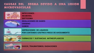 INFECCIONES :
NEUMONÍA.
SEPTICEMIA
INHALACIONES DE GASES:
OXIGENO
HUMOS
ASPIRACIONES DE LIQUIDOS:
POR CONTENIDO GÁSTRICO RIEGO DE AHOGAMIENTO
FARMACOS Y SUSTANCIAS ANTINEOPLASICOS
SHOCK, TRAUMATISMOS, RADIACIONES
 