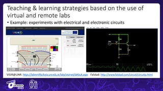 Teaching & learning strategies based on the use of
virtual and remote labs
• Example: experiments with electrical and electronic circuits
VISIR@UNR: https://labremf4a.fceia.unr.edu.ar/labs/visirnet/default.aspx Falstad: http://www.falstad.com/circuit/circuitjs.html
 