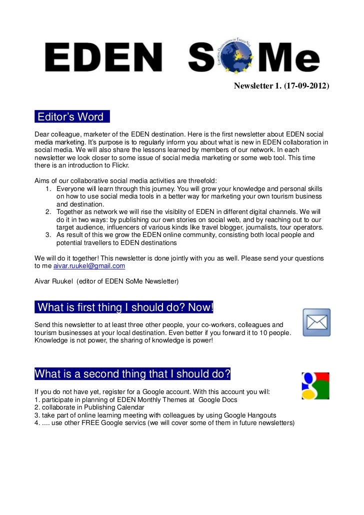 Newsletter 1. (17-09-2012) Editor’s Word .Dear colleague, marketer of the EDEN destination. Here is the first newsletter a...
