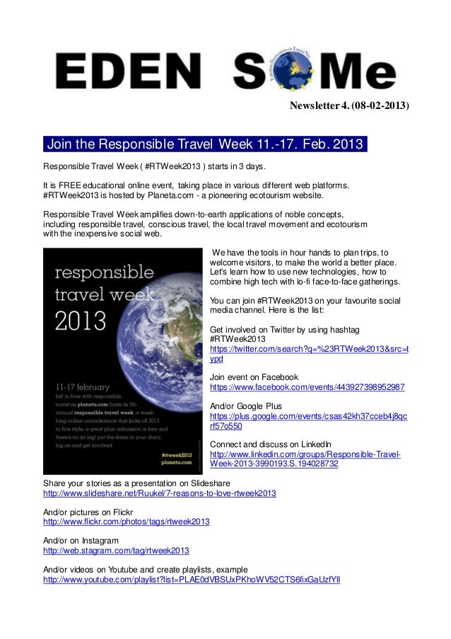 Newsletter 4. (08-02-2013) Join the Responsible Travel Week 11.-17. Feb. 2013 .Responsible Travel Week ( #RTWeek2013 ) sta...