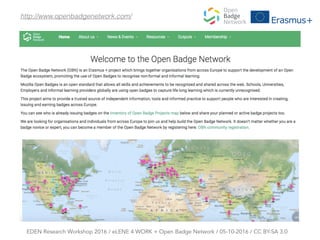 http://www.openbadgenetwork.com/
EDEN Research Workshop 2016 / eLENE 4 WORK + Open Badge Network / 05-10-2016 / CC BY-SA 3.0
 