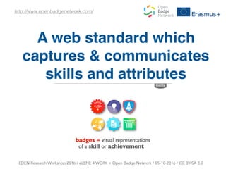 A web standard which
captures & communicates
skills and attributes
EDEN Research Workshop 2016 / eLENE 4 WORK + Open Badge Network / 05-10-2016 / CC BY-SA 3.0
http://www.openbadgenetwork.com/
 