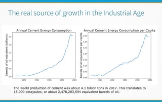 The real source of growth in the Industrial Age
The world production of cement was about 4.1 billion tons in 2017. This translates to
15,000 petajoules, or about 2,478,283,594 equivalent barrels of oil.
 