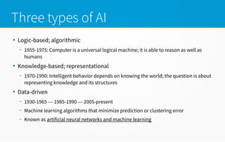 Three types of AI
●
Logic-based; algorithmic
– 1955-1975: Computer is a universal logical machine; it is able to reason as well as
humans
●
Knowledge-based; representational
– 1970-1990: Intelligent behavior depends on knowing the world; the question is about
representing knowledge and its structures
●
Data-driven
– 1930-1965 --- 1985-1990 --- 2005-present
– Machine learning algorithms that minimize prediction or clustering error
– Known as artificial neural networks and machine learning
 