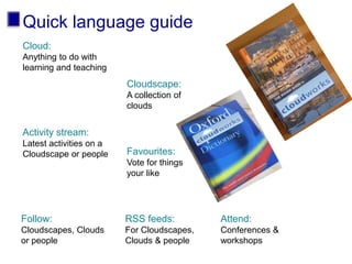 Quick language guide
Cloud:
Anything to do with
learning and teaching
Cloudscape:
A collection of
clouds
Activity stream:
Latest activities on a
Cloudscape or people Favourites:
Vote for things
your like
RSS feeds:
For Cloudscapes,
Clouds & people
Follow:
Cloudscapes, Clouds
or people
Attend:
Conferences &
workshops
 