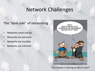 Network Challenges
The “dark side” of networking
• Networks come and go
• Networks are personal
• Networks are invisible
• Networks are informal
“Psst interest in sharing an idea or two?”
 