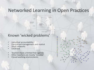 Known ‘wicked problems’
• Individual accountability
• Centralized management and control
• Small networks
• Localized
• Teachers have a limited free agenda
• Other teachers are mostly ‘invisible’
• Closed working environments
Networked Learning in Open Practices
Knowledge
Practices
open
closed
Human Capital
fragmented integrated
Pushing the
trade-off frontier
outwards
New Ways
of Working
 
