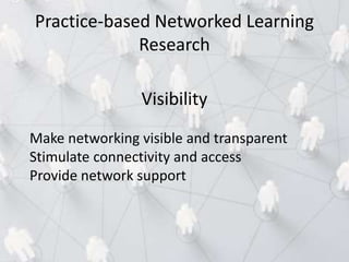 Visibility
Make networking visible and transparent
Stimulate connectivity and access
Provide network support
Practice-based Networked Learning
Research
 