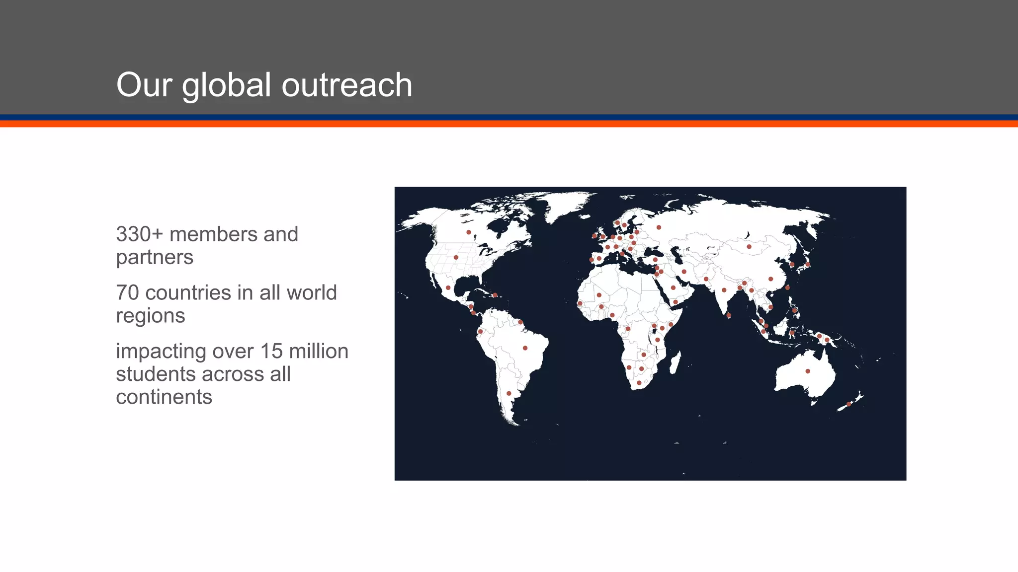 Our global outreach
330+ members and
partners
70 countries in all world
regions
impacting over 15 million
students across all
continents