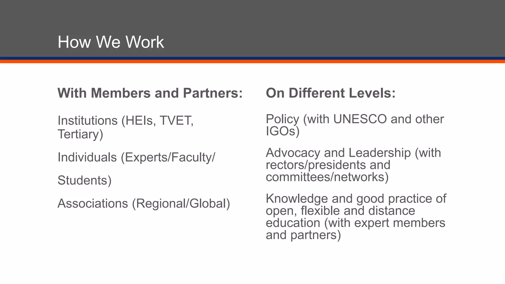 How We Work
With Members and Partners:
Institutions (HEIs, TVET,
Tertiary)
Individuals (Experts/Faculty/
Students)
Associations (Regional/Global)
On Different Levels:
Policy (with UNESCO and other
IGOs)
Advocacy and Leadership (with
rectors/presidents and
committees/networks)
Knowledge and good practice of
open, flexible and distance
education (with expert members
and partners)
