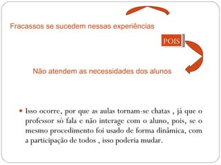 Isso ocorre, por que as aulas tornam-se chatas , já que o professor só fala e não interage com o aluno, pois, se o mesmo procedimento foi usado de forma dinâmica, com a participação de todos , isso poderia mudar. Fracassos se sucedem nessas experiências POIS Não atendem as necessidades dos alunos 