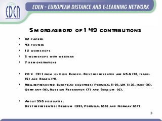 S m orgasbord of 1 49 contributions
•   82 p ap e rs
•   43 p os te rs
•   1 2 w ork s h op s
•   5 w ork s h op s w ith w e b inar
•   7 d e m ons trations

•   20 % (31 ) from ou ts id e Eu rop e . Be s t re p re s e nte d are US A (9), Is rae l
    (5 ) and Braz il (4).
•   We ll re p re s e nte d Eu rop e an c ou ntrie s : Portu gal (1 9), UK (1 3), Italy (9),
    Ge rm any (8), Ru s s ian Fe d e ration (7) and Be lgiu m (6).

•   Ab ou t 35 0 d e le gate s .
    Be s t re p re s e nte d : Be lgiu m (39), Portu gal (28) and Norway (27)
                                                                                           3
 