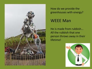 How do we provide the
greenhouses with energy?
WEEE Man
He is made from rubbish...
All the rubbish that one
person throws away in their
lifetime!
 